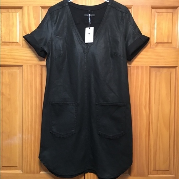 7 For All Mankind Short Sleeve Popover Dress in Coated Black size small - Picture 1 of 11